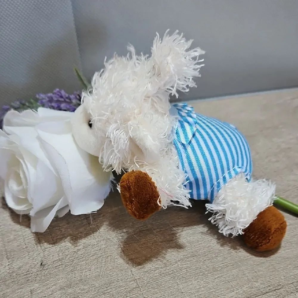 Doodalou Plush Lamb Pacifier Holder With Blue Striped Bathing Suit.